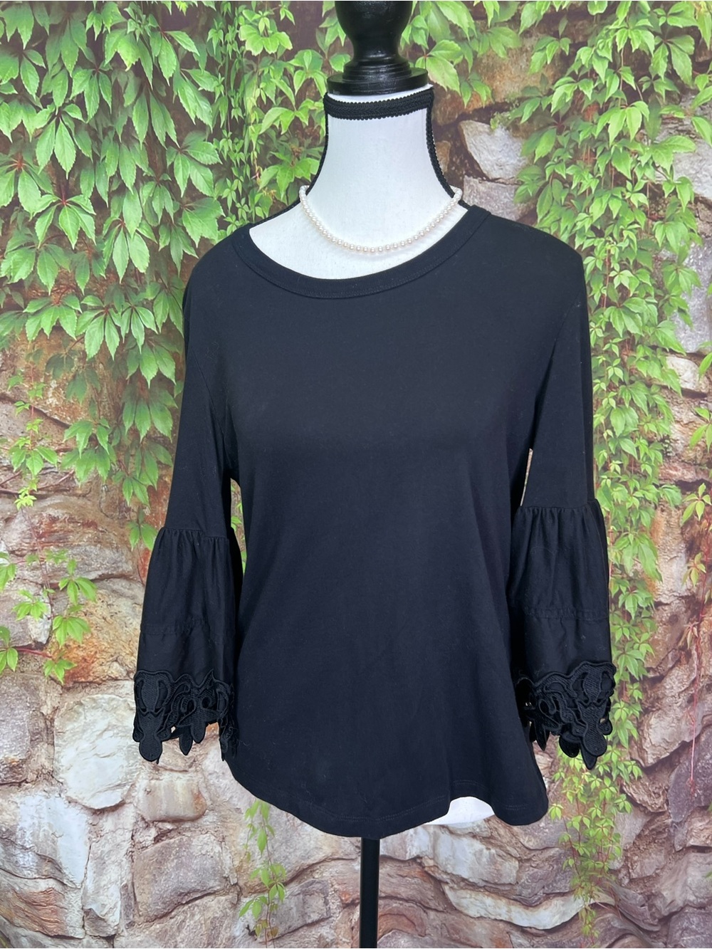 SEE BY CHLOE Black Jersey Knit Luxury Minimalist Bell Sleeve Crewneck, S - Picture 2 of 13